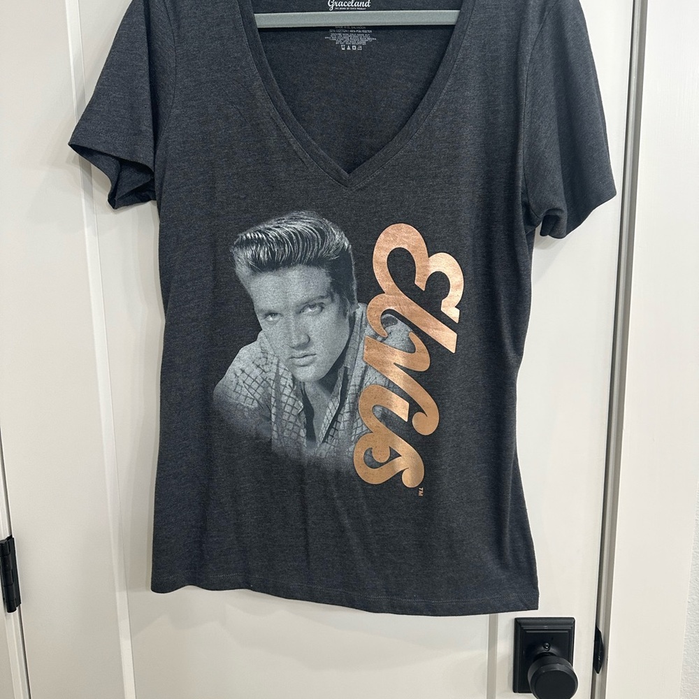 Graceland Women's Charcoal Elvis Graphic V-Neck Tee